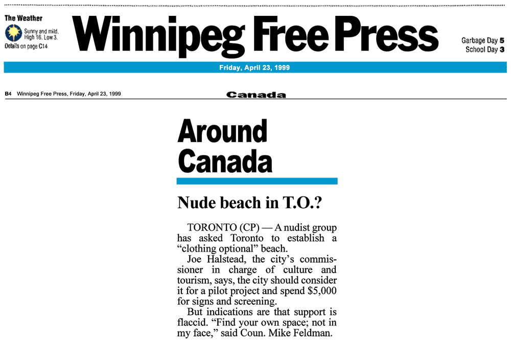 Winnipeg Free Press 1999-04-23 - Simm proposes CO-zone at Hanlan’s Point